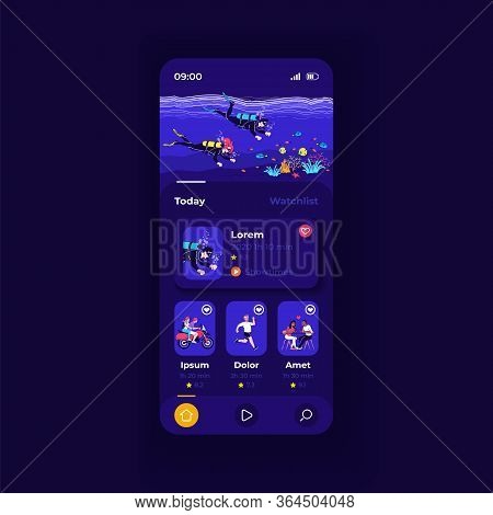 Video Streaming Application Smartphone Interface Vector Template. Mobile App Page Dark Design Layout
