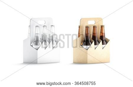 Blank Craft And White Glass Beer Bottle Cardboard Holder Mockup, 3d Rendering. Empty Carton Packagin