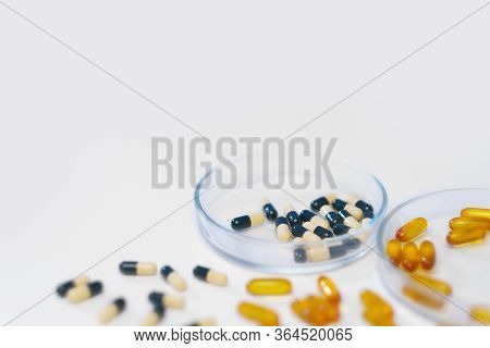 Various Medical Pills. Vitamins, Hemeopathy And Bioactive Additive Against Drugs.