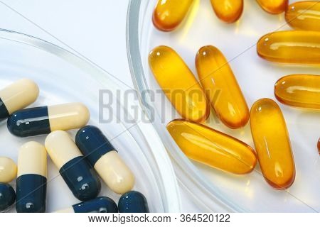 Various Medical Pills. Vitamins, Hemeopathy And Bioactive Additive Against Drugs.
