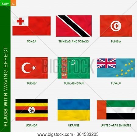 Set Of Flag With Waving Effect, National Flag With Texture. Vector Flag Of Tonga, Trinidad And Tobag