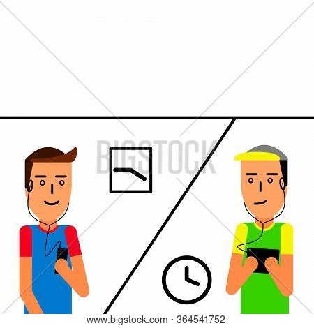 The Two Guys Are Talking To Each Other In Different Time Zones In A Video Call Holding A Smartphone 