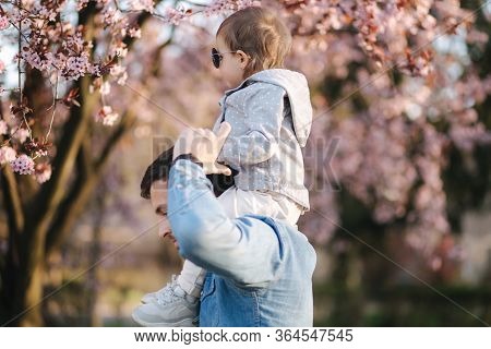 Adorable Little Daughter Sitting On Dads Neck And Smels Pink Flowers From Flowering Tree. Happy Fami