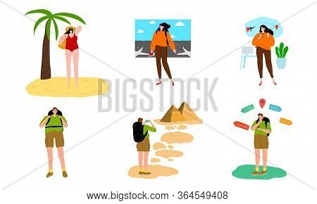 Set Of People Enjoying Travelling And Vacations Vector Illustration