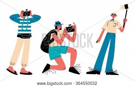 Set Of People Enjoying Travelling And Exploring World With Camera Vector Illustration