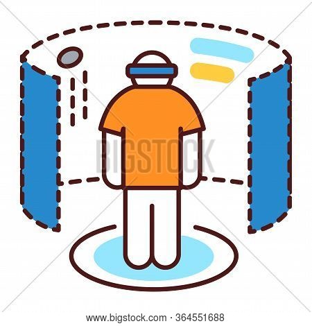 Virtual Reality Gaming Color Line Icon. Man In Vr Helmet Gaming On Platform. Cyberspace, Simulation,