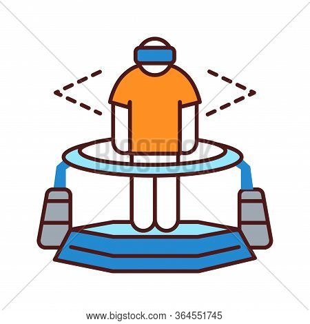 Virtual Reality Platform Color Line Icon. Man In Vr Helmet Gaming On Platform. Cyberspace, Simulatio