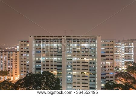 Aerial View Public Housing Estate In Eunos, Singapore At Blue Hour
