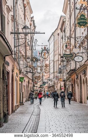 Feb 4, 2020 - Salzburg, Austria: People Wander On The Street Of