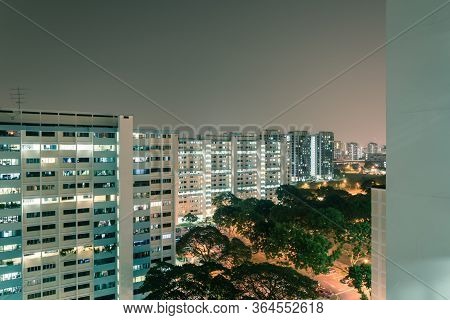 Aerial View Public Housing Estate In Eunos, Singapore At Blue Hour