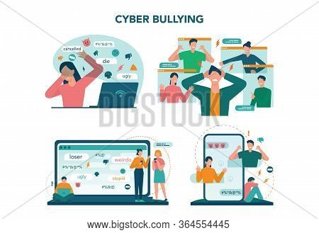 Cyberbullying Concept Set. Online Harassment With Unfriendly Mean