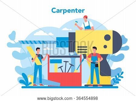 Woodworker Or Carpenter Concept. Builder Wearing Helmet And Overalls