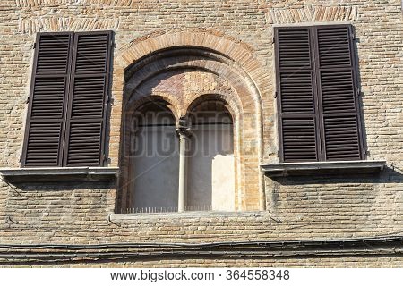 Historic Aurelio Saffi Square In Forli, Emilia Romagna, Italy At Morning