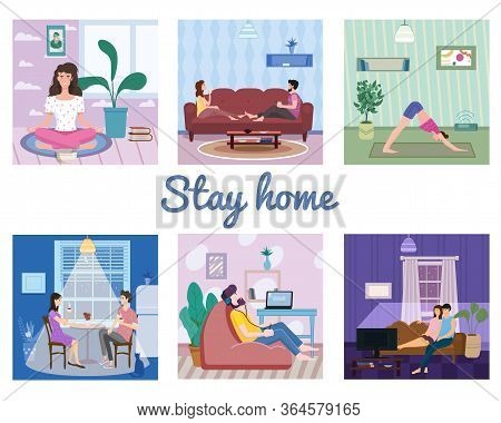 Set Banner Stays At Home. Woman Character Practicing Yoga, Man Listens To Music. Young Couple Drink 