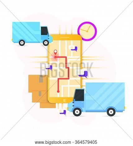 Delivery Concept With Vans And Mobile. Vector Illustration For Delivery, Logistics, Comerce, Service