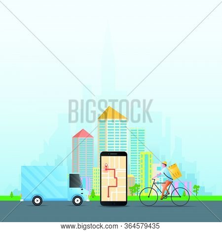 Delivery Concept With Van, Mobile And Bicycle Delivery Man. Vector Illustration For Delivery, Logist