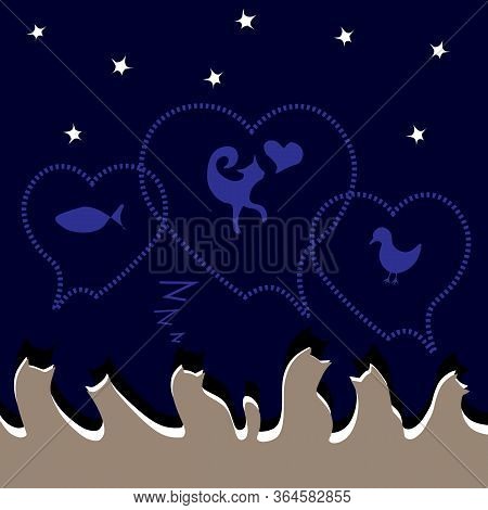 Night Cats Dream Under The Stars Funny. Hand Drown Doodle Style. For Dress Fabric, T Shirt Print, Po