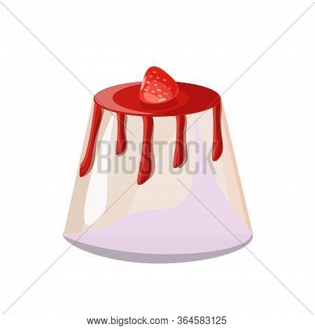 Italian Dessert Panna Cotta With Strawberry Topping And A Single Berry. Vector Illustration.