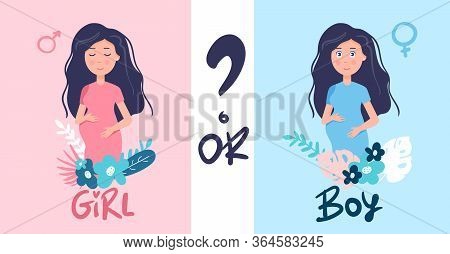 Vector Illustration Of Cute Young Pregnant Woman Wondering About Her Future Baby Gender. It S A Boy 