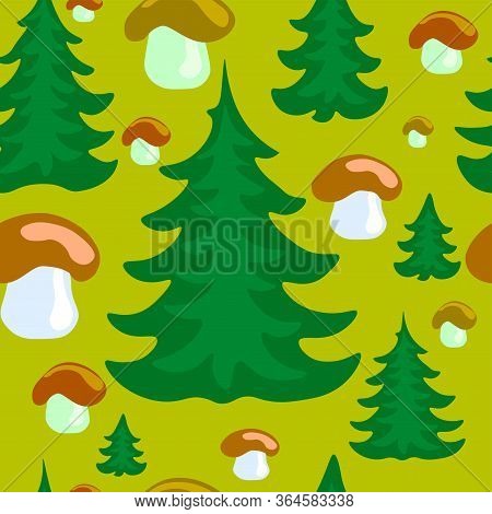 Spruce Trees And Mushrooms Seamless Pattern Background