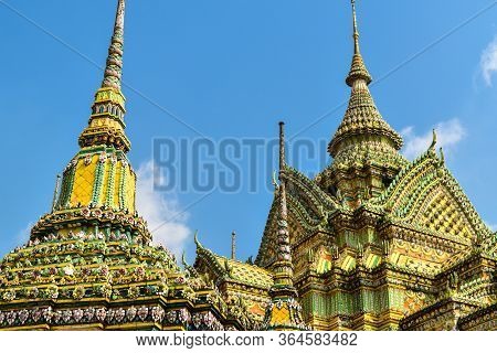 Colorful Stupas In The Wat Pho Temple Un Bangkok Thailand