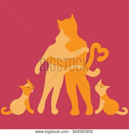 Family Cuddling Love Cats. Floral Seamless Background On A Dark. Hand Drown Doodle Style. For Dress 