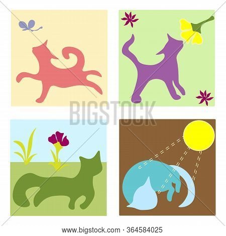 Summer Funny Cats. Hand Drown Doodle Style. For Greeting Card, T Shirt Print, Banners And Element De