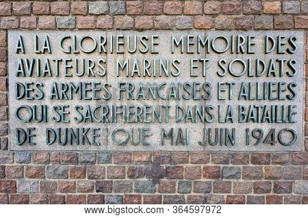 Dunkirk, France - August 13, 2019: Close Up Of The Plaque On The Operation Dynamo Memorial To Allied