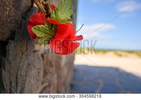 Dunkirk, France - August 13, 2019: Close Up Of Poppies On The Operation Dynamo Memorial To Allied Fo