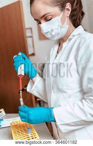 Young Female Lab Technician Working With Micropipette And Samples. Blood Plasma As Coronavirus Treat