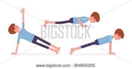 Yogi Man In Sport Wear Practicing Yoga, Doing Push And Press Ups, Phalankasana, Plank Exercise, Vasi