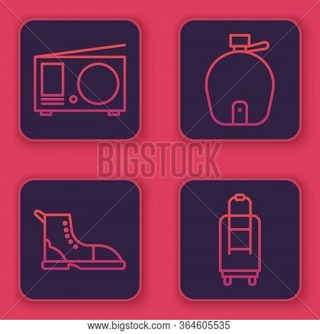 Set Line Radio With Antenna, Hiking Boot, Canteen Water Bottle And Suitcase. Blue Square Button. Vec