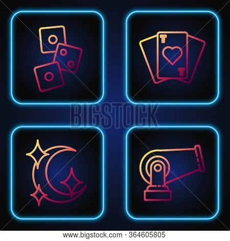 Set Line Cannon, Moon And Stars, Game Dice And Playing Cards. Gradient Color Icons. Vector