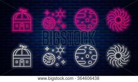 Set Line Space And Planet, Satellite Dish, Astronomical Observatory And Black Hole. Glowing Neon Ico