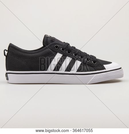 Vienna, Austria - February 19, 2018: Adidas Nizza Black And White Sneaker On White Background.