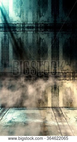 Empty Room And Concrete Floor Background.vertical Size.3d Illustration.smoke Or Fog And Spotlight In