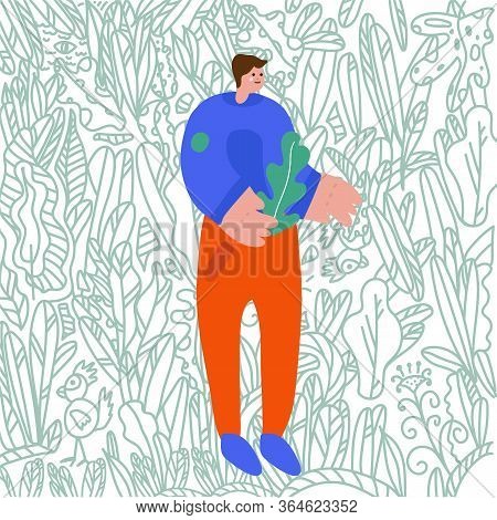 Vector Illustration The Guy With The Drill Flat Vector Illustration. Background Drawn By Hand, Folia