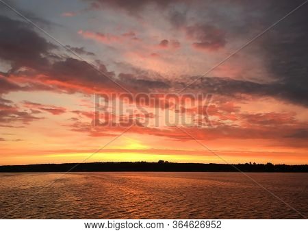 Colorful Moody Impressional Sunset At Lake In Poland, Zalew Sulejowski In Smardzewice