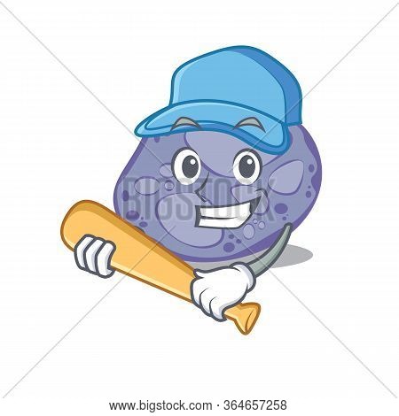Picture Of Blue Planctomycetes Cartoon Character Playing Baseball