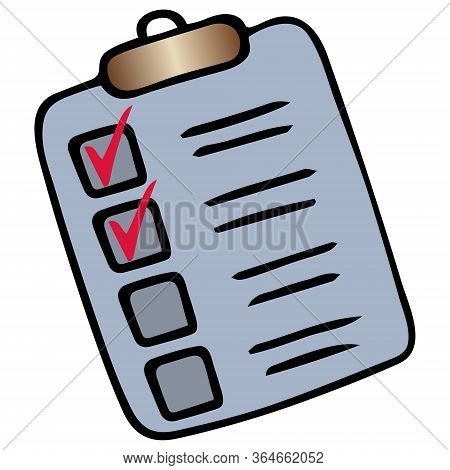 Taking a survey or test. Check the box. Action plan point by point. Vector illustration. Isolated white background. Cartoon style. Form to fill. Voting bulletin. Work online in quarantine. Perform a task. Official letterhead. Illustration for web design.