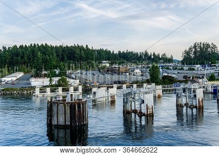 Swartz Bay, Canada - July 14, 2019: Top View Ferry Terminal Major Transportation Facility British Co