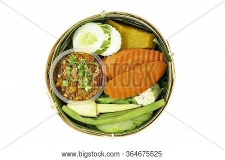 Thai Food ( Nam Prik Ong ) And Vegetable Isolated On White Background With Clipping Path