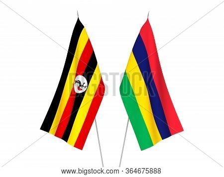 National Fabric Flags Of Uganda And Republic Of Mauritius Isolated On White Background. 3d Rendering