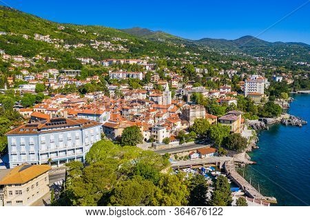 Croatia, Beautiful Town Of Lovran And Lungomare Sea Walkway, Aerial Panoramic View In Kvarner Bay Co
