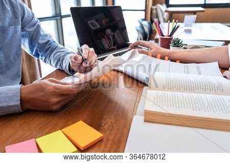 Teaching Helping And Study Course, Team Of Young Teacher Or Tutor Helps Students To Learning In Clas