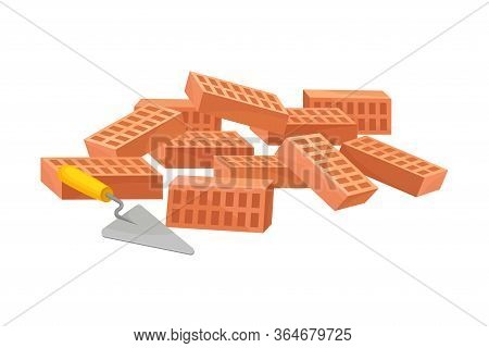 Pile Of Red Bricks With Putty Spattle Rested Nearby Vector Illustration
