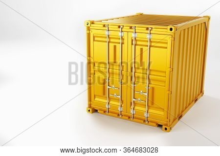 A High Quality Image Of A Yellow 10ft Shipping Container On A White Background. Ten Foot Sea Shippin