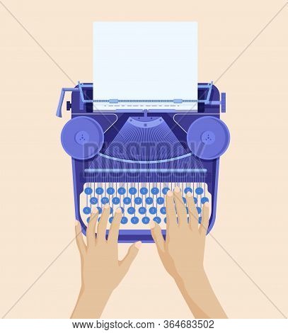 Hands Typing On Retro Typewriter. Printing White