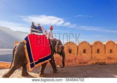 Riding On Elephats, Famous Tourist Attraction In Amber Fort Of Jaipur, India