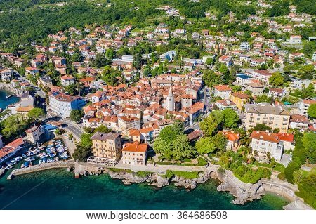 Croatia, Beautiful Town Of Lovran And Lungomare Sea Walkway, Aerial Panoramic View In Kvarner Bay Co